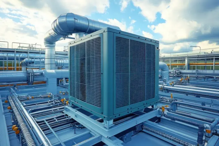 Klimaanlage auf einem Industriedach mit Rohrleitungen