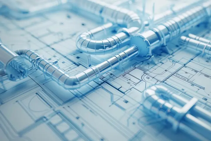 3D-Illustration von Lüftungsrohren über einem Bauplan