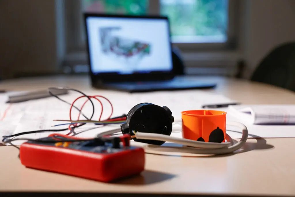 Messgerät, Kabel und Elektrodosen auf technischen Plänen